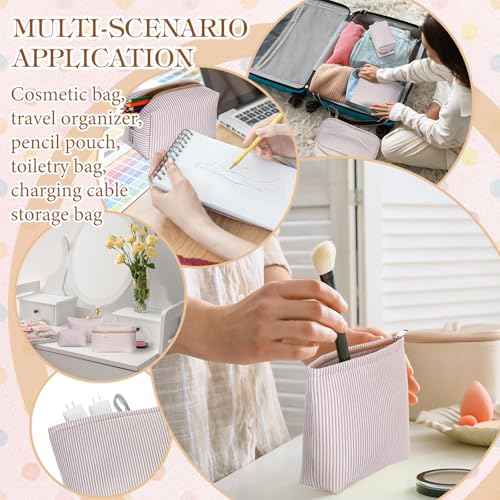 3 Pieces Seersucker Makeup Bag Set Cute Cosmetic Pouch for Women Travel Toiletry Bag Preppy Small Makeup Purse Pouch Aesthetic Skincare Brushes Storage Organizer for Women(Khaki)