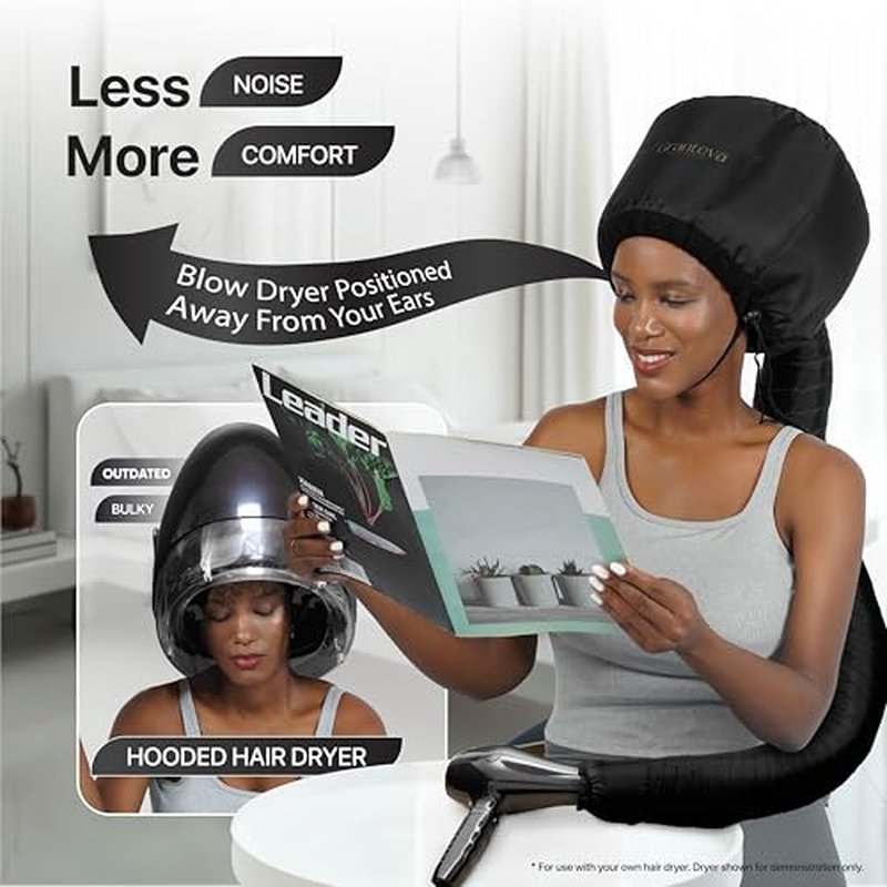 Hooded Hair Dryer Attachment w/A Headband Integrated That Reduces Heat Around Ears & Neck - Hair Dryer Hooded Diffuser Cap for Curly, Speeds Up Drying Time, Deep Conditioning At Home - Portable, Large