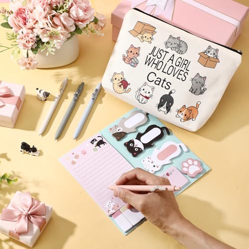 6 Pcs Cute Cat Stationery Set Pens Sticky Notes Makeup Bag Pencil Pouch for Girls Women Cat Lovers Christmas Gifts School Office Supplies