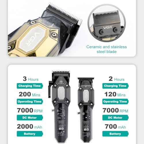 VGR Professional Hair Clippers for Men, Cordless Barber Clippers and Trimmers Set, Mens Hair Cutting Kit with 10 Guide Combs, USB Rechargeable Haircut Machine for Family, LED Display, Black