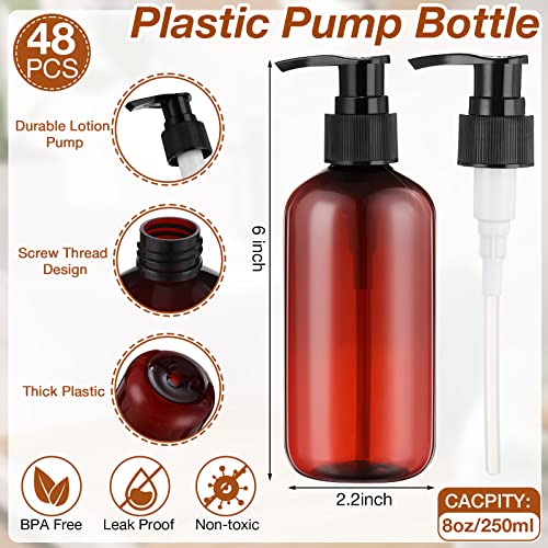 48 Pcs Pump Bottle Lotion Dispenser Refillable Shampoo Conditioner Hand Soap Dispenser Plastic Empty 8oz/250ml Clear Reusable Body Wash Container Bulk (Brown, Black)