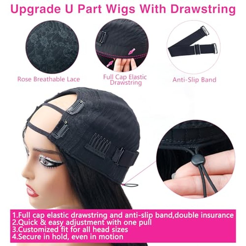 U Part Wigs Human Hair Yaki Straight Glueless Wig Human Hair 200% Density Yaki Straight U Shape Wig Upgrade None Lace No Sew In U Part Wigs With Drawstring Beginner Friendly,Natural Color(18 Inch)
