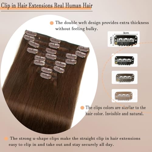 Clip in Hair Extensions Real Human Hair Straight 16 Inch Chocolate Brown 7pcs 120g Clip ins Hair Extensions Brazilian Remy Human Hair 16 Clips Double Weft Human Hair For Women