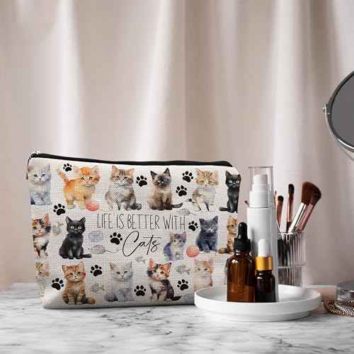 Life is Better with Cats Cosmetic Bag - Cute Cat Stuff, Makeup Bag & Toiletry Pouch for Cat Lovers