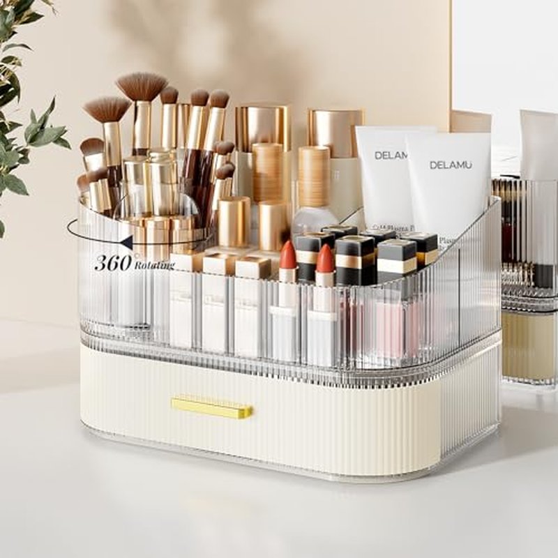 Delamu Makeup Organizer for Vanity with Stackable Drawers, 360 Rotating Makeup Brush Holder Large Cosmetic Display Case, Bathroom Skincare Storage, Elegant White, Ideal Christmas Gifts for Girls