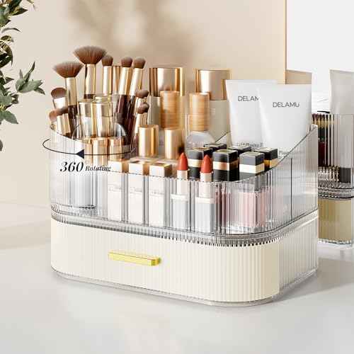 Delamu Makeup Organizer for Vanity with Stackable Drawers, 360 Rotating Makeup Brush Holder Large Cosmetic Display Case for Dresser, Bathroom Countertop Skincare Organizers and Storage, Elegant White