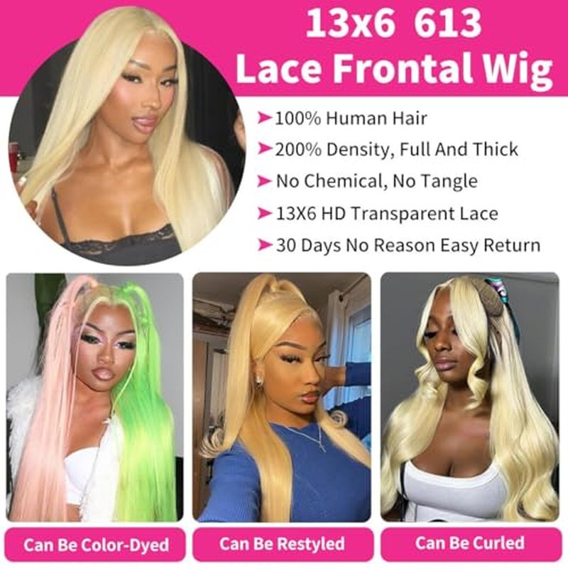 613 Lace Front Wig Human Hair 13x6 Blonde HD Lace Front Wigs Human Hair Pre Plucked 200% Density Straight HD Transparent Lace Frontal Glueless Wigs Human Hair Blonde Wig 20 Inch
