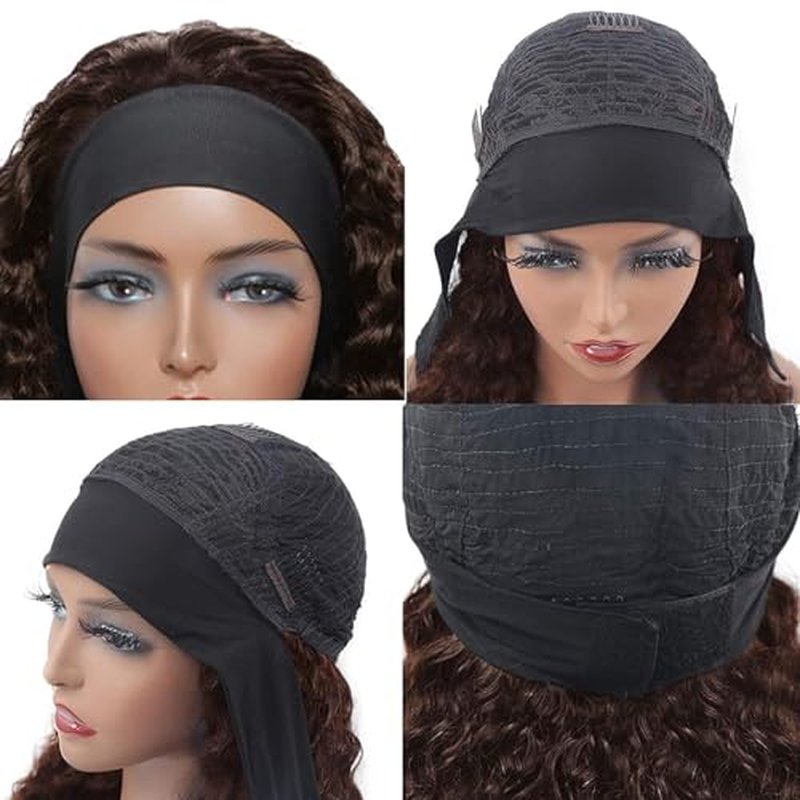 Aiterina Headband Wig Human Hair Headband Wig Deep Wave Human Hair Wigs for Black Women Glueless Human Hair Wigs Machine Made 150% Density No Lace Deep Headband Wig Chocolate Brown 24 inch