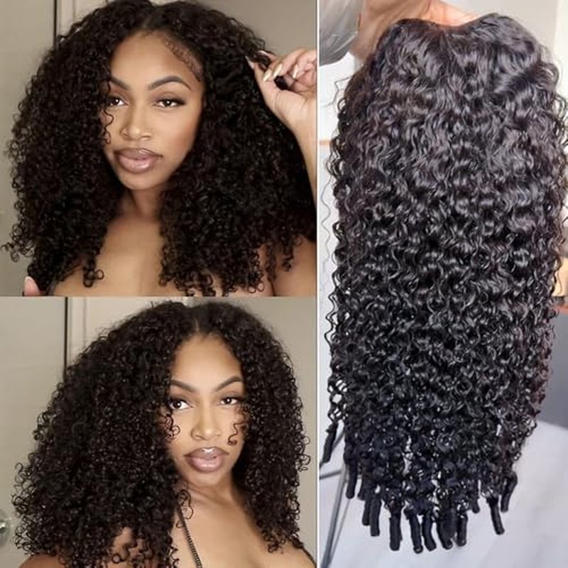 V Part Wig Human Hair for Women Burmese Spiral Curly Glueless Clip-In Wig 200% Density No Leave Out No Gel No Lace V Shape Clip Beginner Ready to Go Wig Natural Black Color 16 Inch
