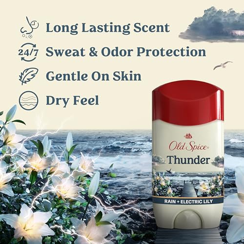 Old Spice Dry Feel Antiperspirant Deodorant for Men, 24/7 Long Lasting Freshness, 24/7 Lasting Sweat & Odor Protection, Gentle on Skin with Skin Conditioners, Thunder Rain + Electric LilyScent, 2.6 oz