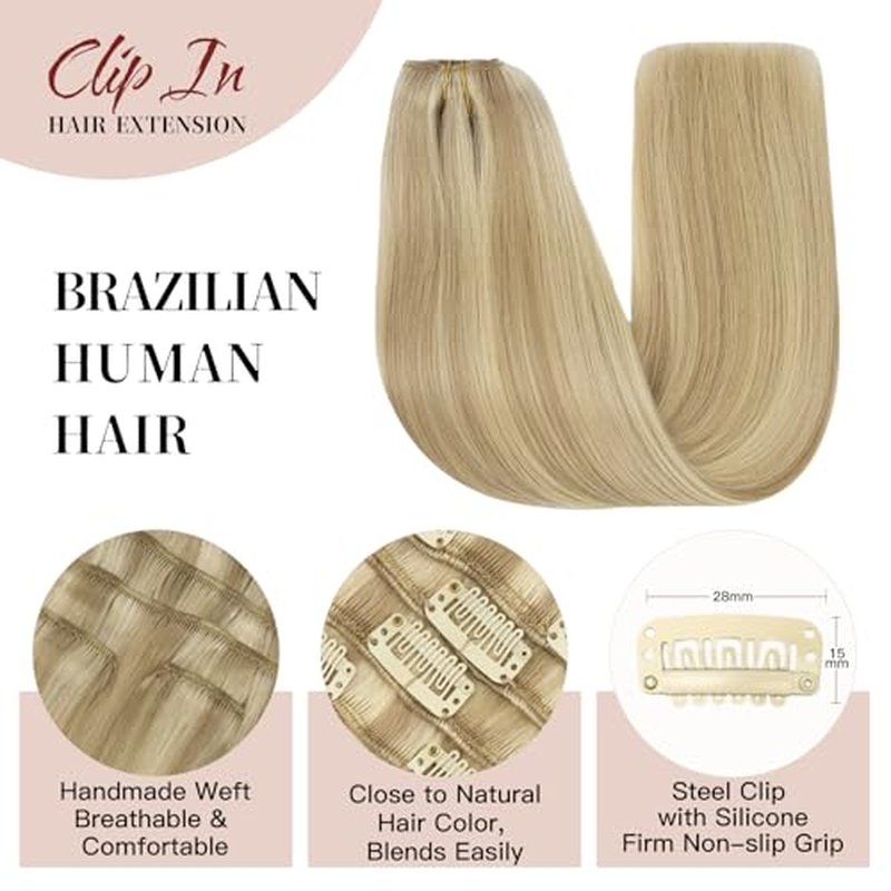 LOVELINE Clip in Hair Extensions Real Human Hair, 100% Remy Human Hair Extensions Clip Ins for Women, 7Pcs 20Inch 120g, Ash Blonde to Platinum Blonde