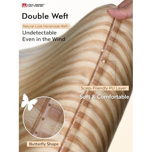 WIGNEE Double layer PU OVO Strawberry Highlight Blonde Weft Hair Extensions Human Hair with Beads 100% Real Remy Human Hair Extensions Glueless 12 Inch Weft(18/613)