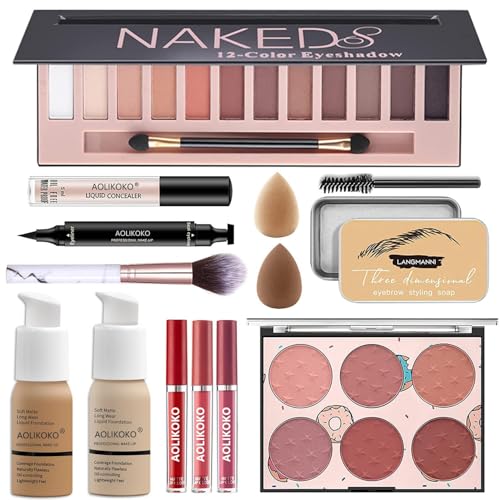 12-Color Pro Makeup Kit for Women - Eyeshadow, Foundation, Lipstick, Blush, Brushes, Eyeliner Stamp