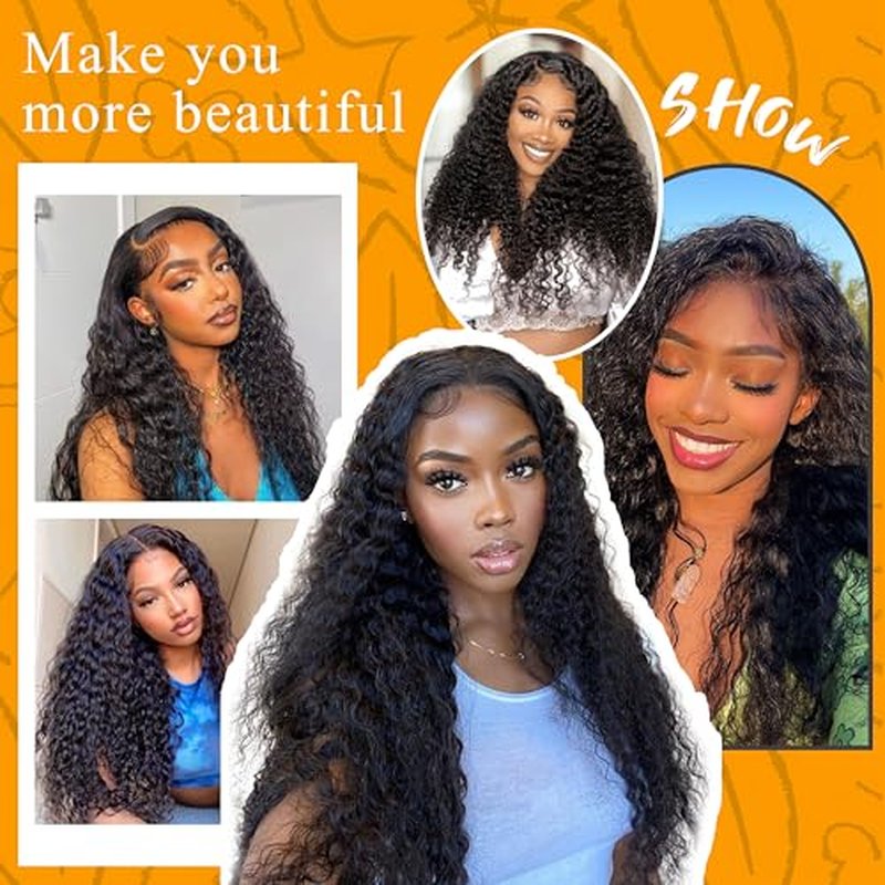 13x4 Deep Wave Lace Front Wigs Human Hair 200% Density Black Curly Human Hair Wig Long Natural Wigs for Black Women Transparent Lace Frontal Wig for Daily Wear 20 Inch