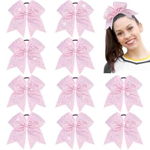 CN 10PCS Rhinestones Cheer Bows for Cheerleaders, Pink Glitter Hair Bows for Girls Large Elastic Ponytail Holder, Hair Accessories for Women Teens for Softball Competition School Spirit