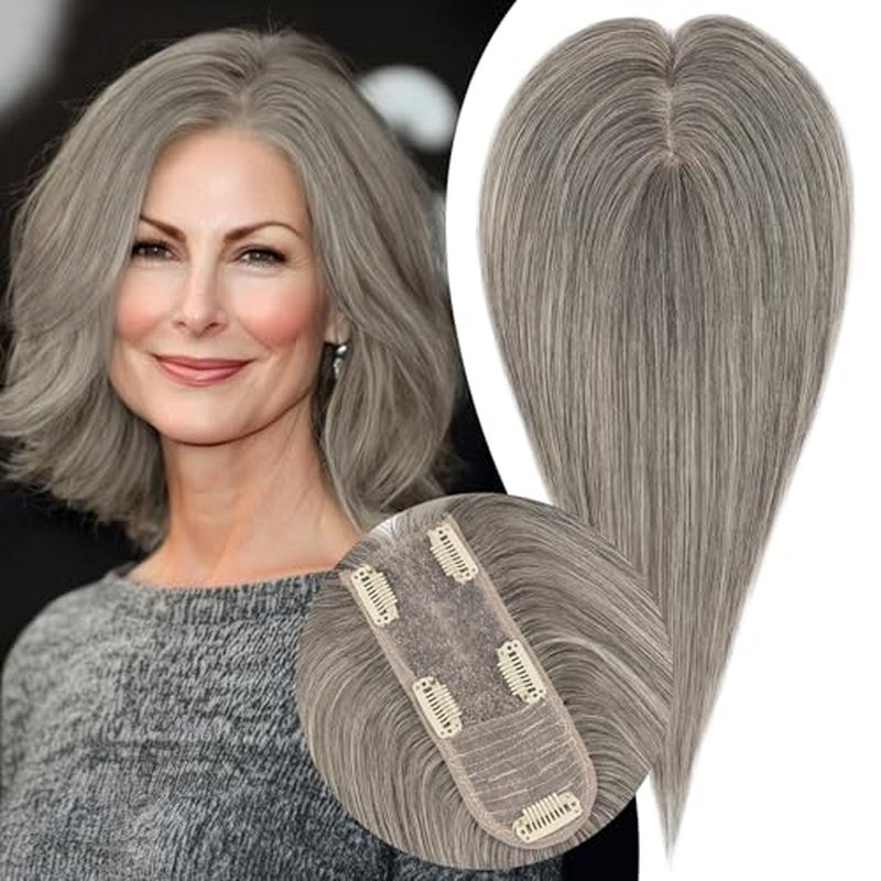 S-noilite Hair Toppers for Women Real Human Hair, 100% Real Human Hair Toppers for Women for Thin Hair 2.25"*6" Lace Silk Base 12 inch (Mixed Dark Gray)