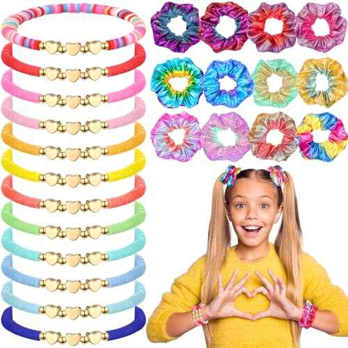 24 Pcs Preppy Friendship Bracelets for Teen Girls Clay Bead Bracelets and Shiny Metallic Hair Scrunchies Heart Surfer Friendship Bracelet Bulk Elastic Hair Ties for Girls Party Favor Gift