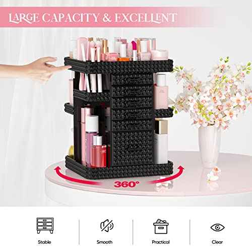 Rotating Makeup Organizer with 6 Drawers[New Updated], Multifunctional Cosmetics Organizer for Vanity Countertop, Square Jewelry Storage, Skincare Organizer for Makeup Holder (Plus Size-Black)
