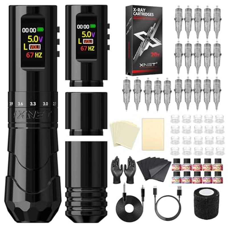 Tattoo Gun Kit, Xnet Void Cordless Tattoo Machine, Rotary Pen Machine 7 Adjustable Strokes with 1800mAh Dual Battery, 20pcs X-ray Mixed Sizes Cartridge Needles for Tattoo Artists