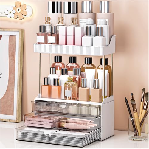 Bathroom Organizers and Storage - 3 Drawers 2 Tier Makeup Organizer, Cosmetic Storage Drawer for Dresser Countertop and Bathroom Vanity for Large Skincare, Perfume, Grey