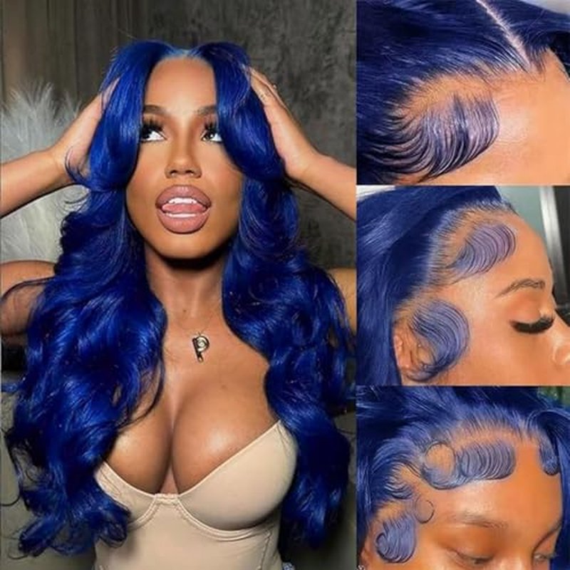 26 Inch Drak Blue 13x4 Body Wave Lace Front Wigs Human Hair 180 Density Glueless HD Transparent Lace Frontal Wigs Human Hair Pre Plucked With Baby Hair Blue Wigs For Women