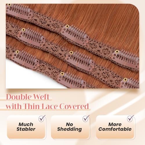 Elailite Clip in Hair Extensions Real Human Hair 3PCS Lace Weft Remy Hairpieces for Women 22 Inch 86g Dark Auburn