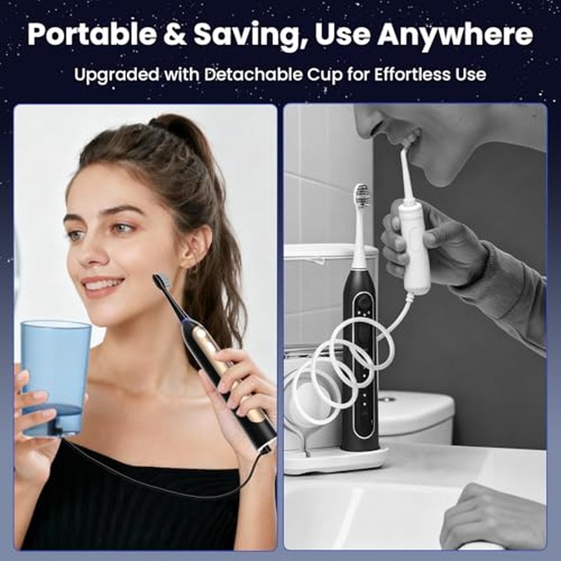 Water Flosser & Ultrasonic Electric Toothbrush Combo, 3-Mode Flossing Toothbrush with 5 Adjustable Speeds for Deep Clean, Wireless Fast Charge & 30-Day Portable Power for Travel Kit, Gift (Black)