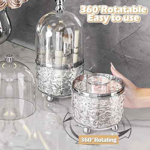 Makeup Brush Holder Organizer with Lid, 360¡ÆRotating Dustproof Makeup Brushes Organizer, 4 Compartment Make Up Brushes Cup for Vanity Desktop Bathroom Countertop (Transparent)
