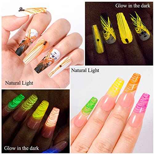 12 Colors Luminous Spider Gel, Glow In The Dark Spider Gel for Nail Art, Elastic Wire Drawing Gel for Line with Brush, Soak off UV LED Drawing Gel Nail Art Design Gel with Neon Fluorescent Effect