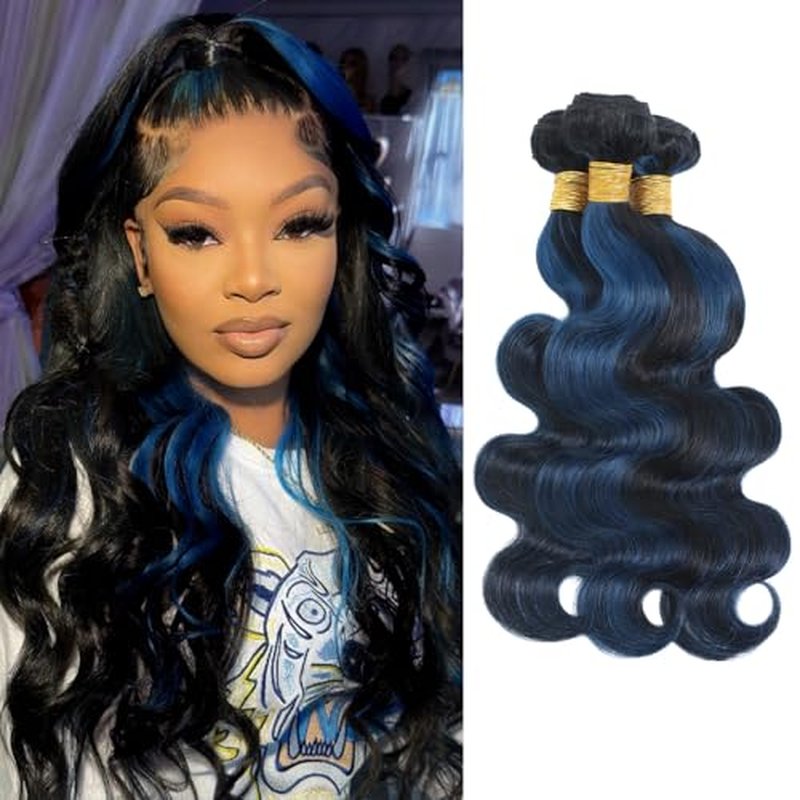 ALHER Black Mix Midnight Blue Bundle Human Hair Body Wave, 12A Soft Thick 3 Bundles Wavy Human Hair, 100% Remy Hair Balayage Two Tone Subtle Colored Double Weft (#1B/Blue, 12 14 16 IN)