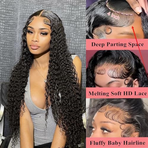 Water Wave Lace Front Wigs Human Hair 13x4 HD Transparent Lace Frontal Wigs Human Hair Pre Plucked 180% Density Water Wave Wig for Black Women Natural Color 16 Inch