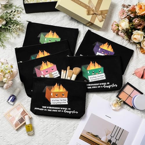Reginary 6 Pcs Emotional Support Dumpster Fire Cosmetic Bag Gift Team Employee Appreciation Gift Bulk Funny Makeup Bag Canvas Pouch for Coworker Staff Volunteer Teacher Nurse, 6 Style(Black)