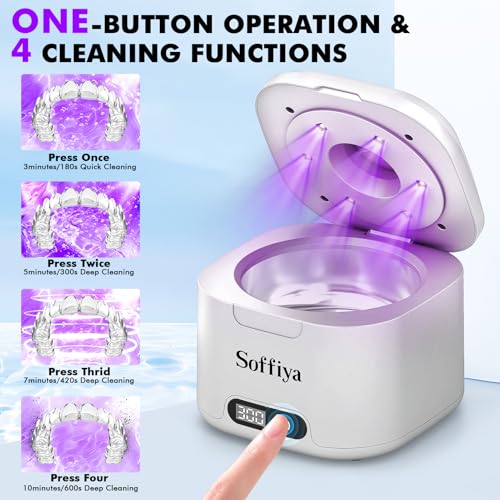 Dental Ultrasonic Retainer Cleaner Machine: Soffiya 49kHz Denture Cleaner with 350ML for Cleaning Dentures, Mouth Guards, Aligner, Braces, Toothbrush Head & Jewelry - UV Cleaner with 4 Digital Timers