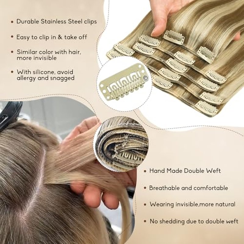 Clip in Hair Extensions Real Human Hair 24Inch 8pcs 120g Seamless Balayage Blonde Hair Extensions Clip Ins Double Weft Light Blonde Highlight Golden Blonde Invisible Straight Remy Human Hair for Women