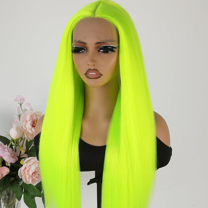 Maycaur Green Lace Front Wigs Long Straight Hair 24 Inch Lime Green Color Wigs for Fashion Women Glueless Synthetic Lace Front Wigs with Natural Hairline