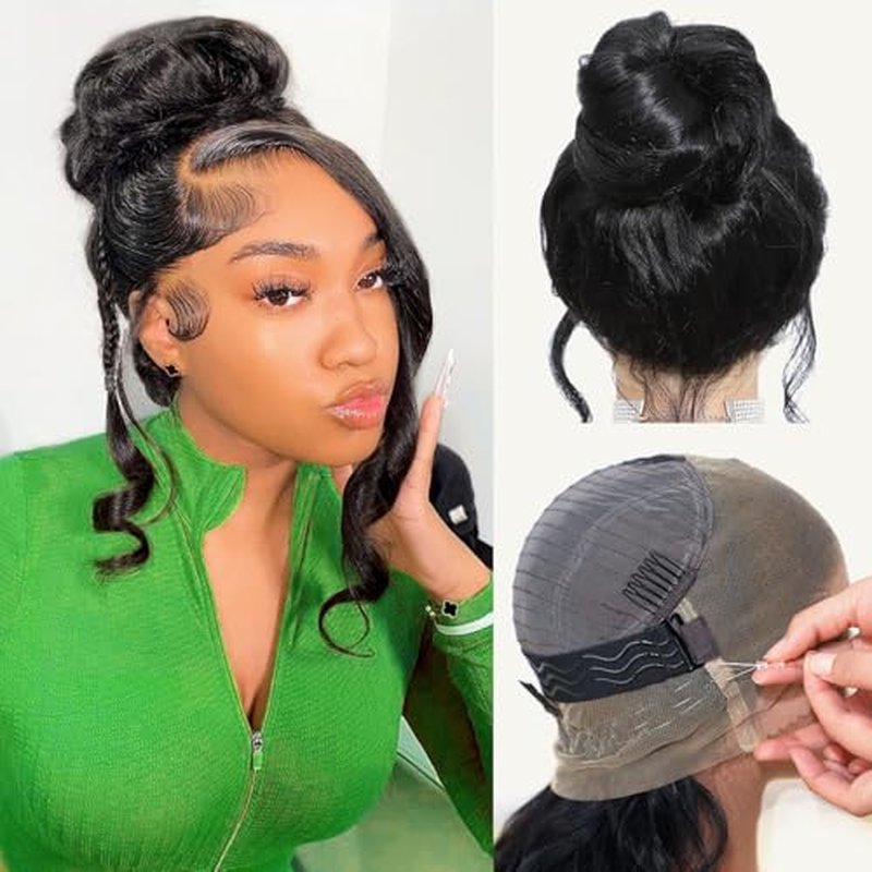 Beluck Hidden Strap Drawstring Wig 360 Lace Front Wigs Human Hair Pre Plucked Pre Cut, 200 Density Glueless Body Wave Frontal 360 Full Lace Human Hair Wigs, HD Lace Front Wigs 16 Inch