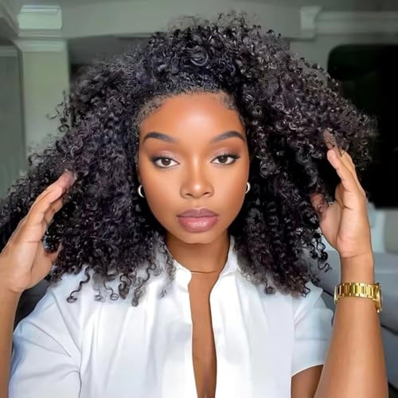 MISSJAY Curly Half Wig Human Hair Kinky Curly Wear and Go Glueless Wigs 200% Density 3 In 1 Seamless Flip Over Half Wigs Human Hair Beginner Friendly Drawstring Headband Wig for Women 20 Inch
