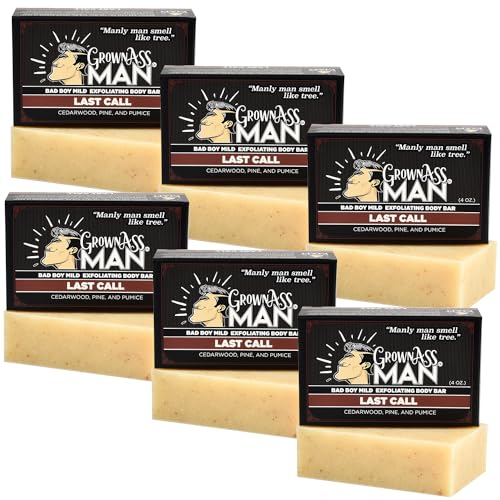 Grown Ass Man Co. Exfoliating Body Bars - Solid Soap with Natural Oils & Gentle Scrub - Plastic Free & Eco-Friendly, Natural & Organic for All Skin Types, 4oz Bar - Last Call - Mild Exfoliant, 6-Pack