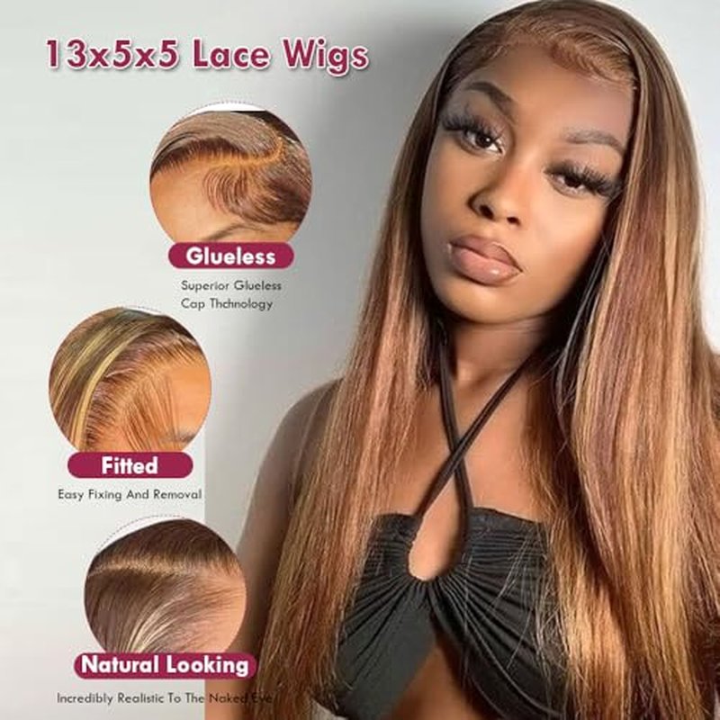 D?BUT Ombre Highlight Brown Glueless Wigs Human Hair Pre Plucked Straight Hair Lace Front Wigs 5x5 HD Lace Closure Wig for Women Daily Use 18 Inches