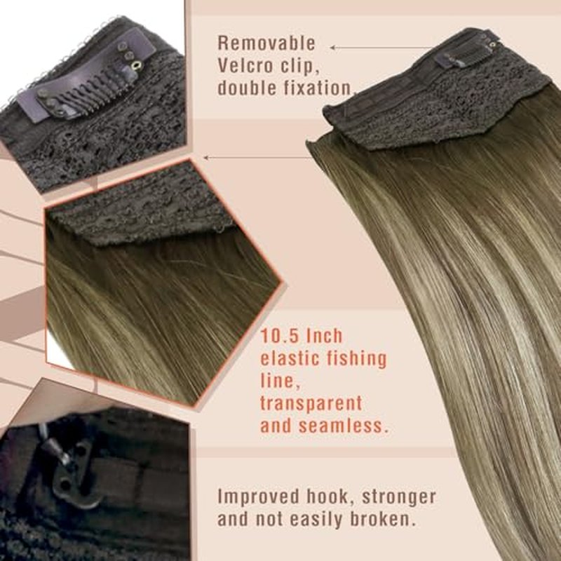 Sunny Hair Wire Hair Extensions Real Human Hair Fish Line Human Hair Extensions Invisible Wire Extensions Brown to Light Brown with Medium Blonde #3/8/22 18 Inch