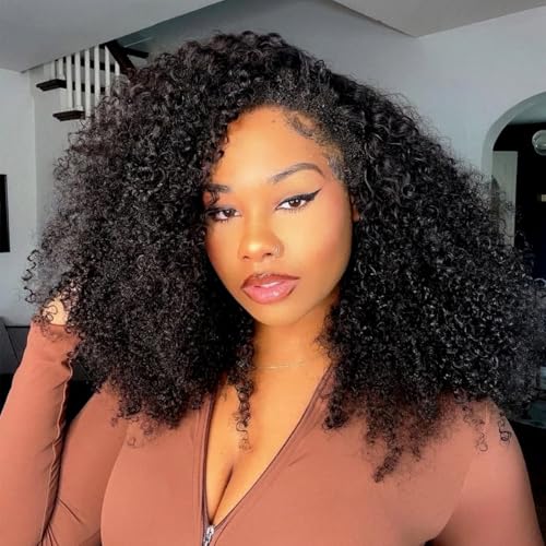 Kinky Curly Half Wig Human Hair 200% Density 3 In 1 Seamless Flip Over Half Wigs Human Hair Glueless Wear and Go Beginner Friendly Kinky Curly Wig Human Hair Drawstring Headband Wig for Women 22 Inch