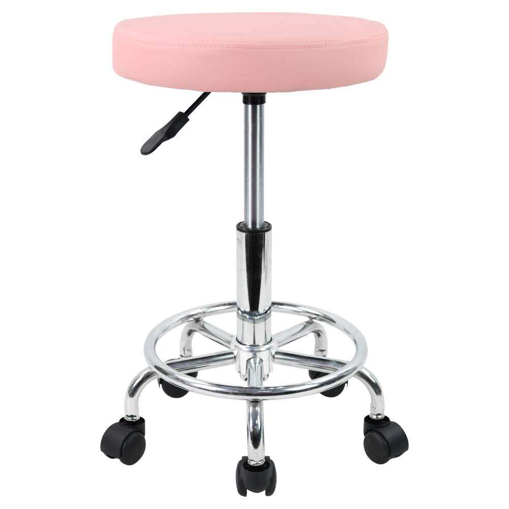 KKTONER PU Leather Round Rolling Stool with Foot Rest Swivel Height Adjustment Spa Drafting Salon Tattoo Work Office Massage Stools Task Chair Cushion 14 inches(Pink)