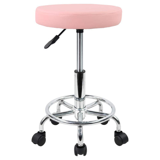 KKTONER PU Leather Round Rolling Stool with Foot Rest Swivel Height Adjustment Spa Drafting Salon Tattoo Work Office Massage Stools Task Chair Cushion 14 inches(Pink)