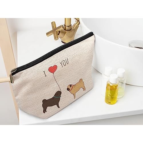 Ayxvt Cute Dog Couple Decorative Women's Makeup Bag, Zipper Pouch Travel Toiletry for Pug Lovers