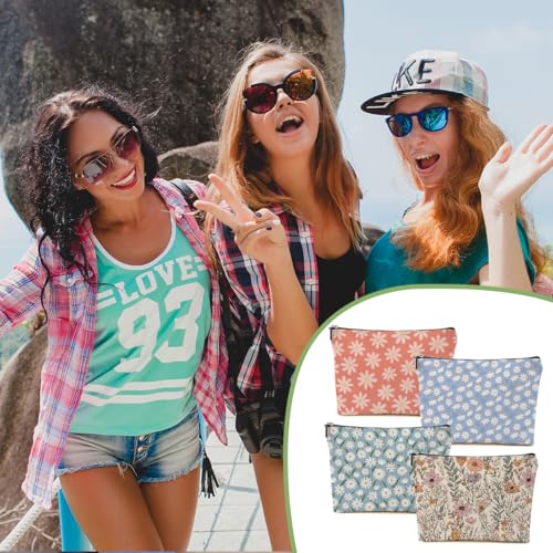 4pcs Vintage Floral Makeup Bag, Daisy Flower Cosmetic Bag Garden Gifts for Women Female Girls Sister BFF Nature Lover, Travel Zipper Pouch Christmas Thanksgiving Birthday Gifts