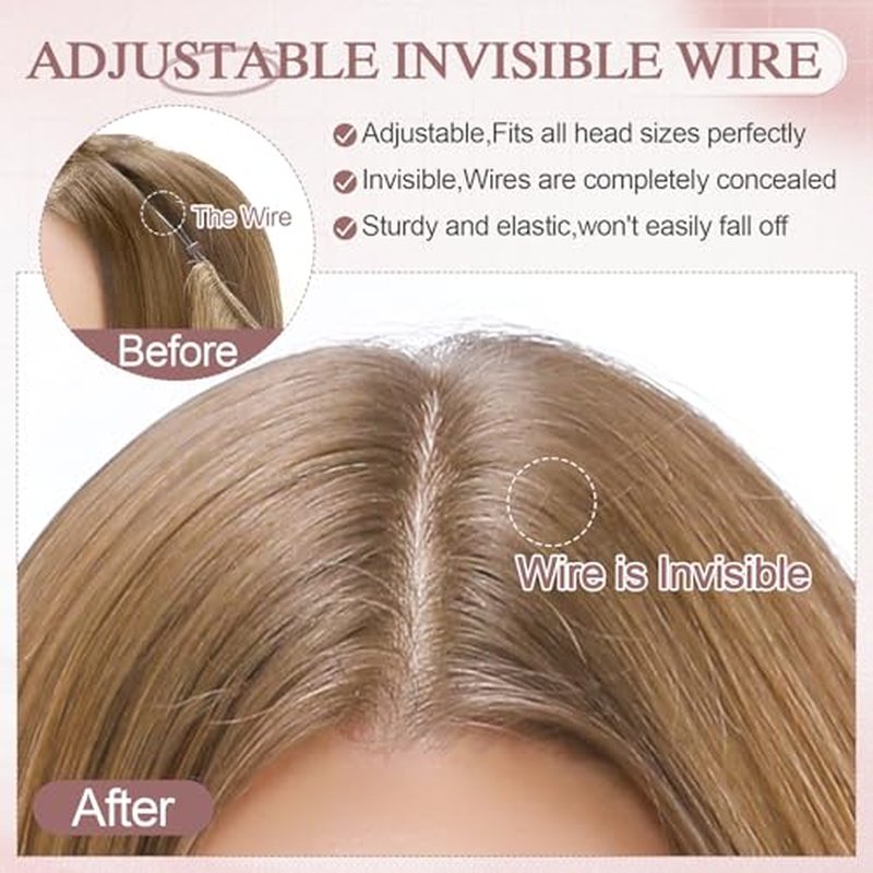 Halo Hair Extensions Real Human Hair Wavy Invisible Wire Hairpiece Adjustable One Piece With 2 Secure Clips For Women to Add Length,18 Inch 12P613 Golden Brown Mixed Bleach Blonde,65g