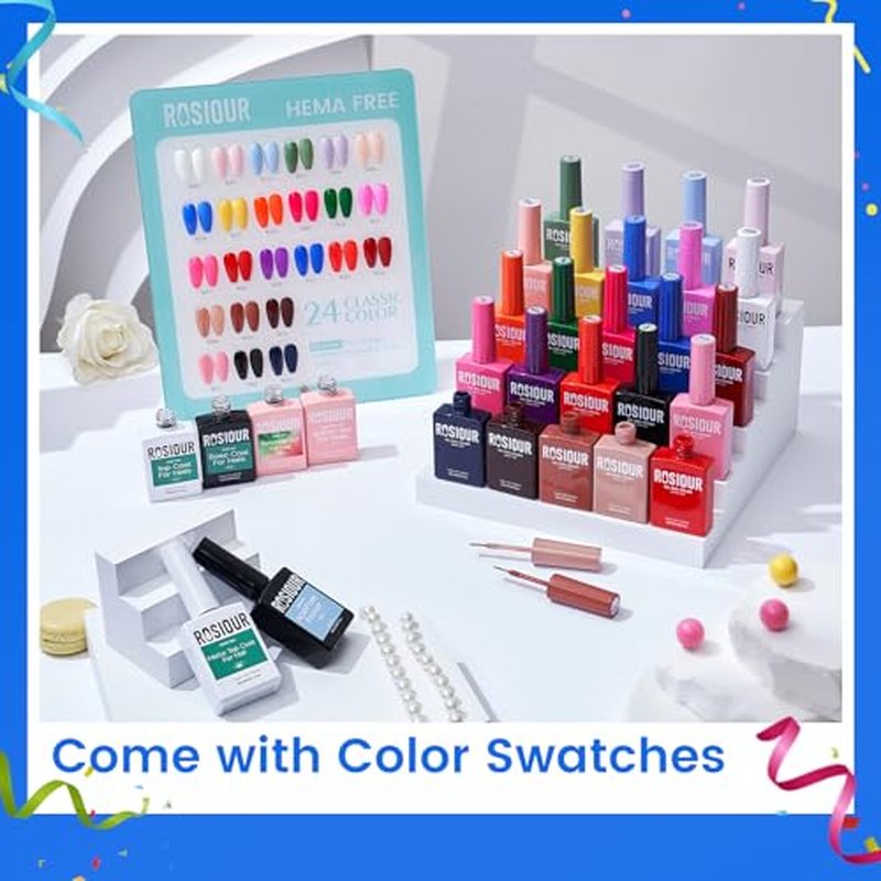 Hema Tpo Free Gel Nail Polish Set- 24Colors 18ml Gel Polish Starter Set with 6PCS Matte Glossy Base Top Coat Primer Blooming Builder Gel At Home Gel Manicure Kit Gifts for Women Girl