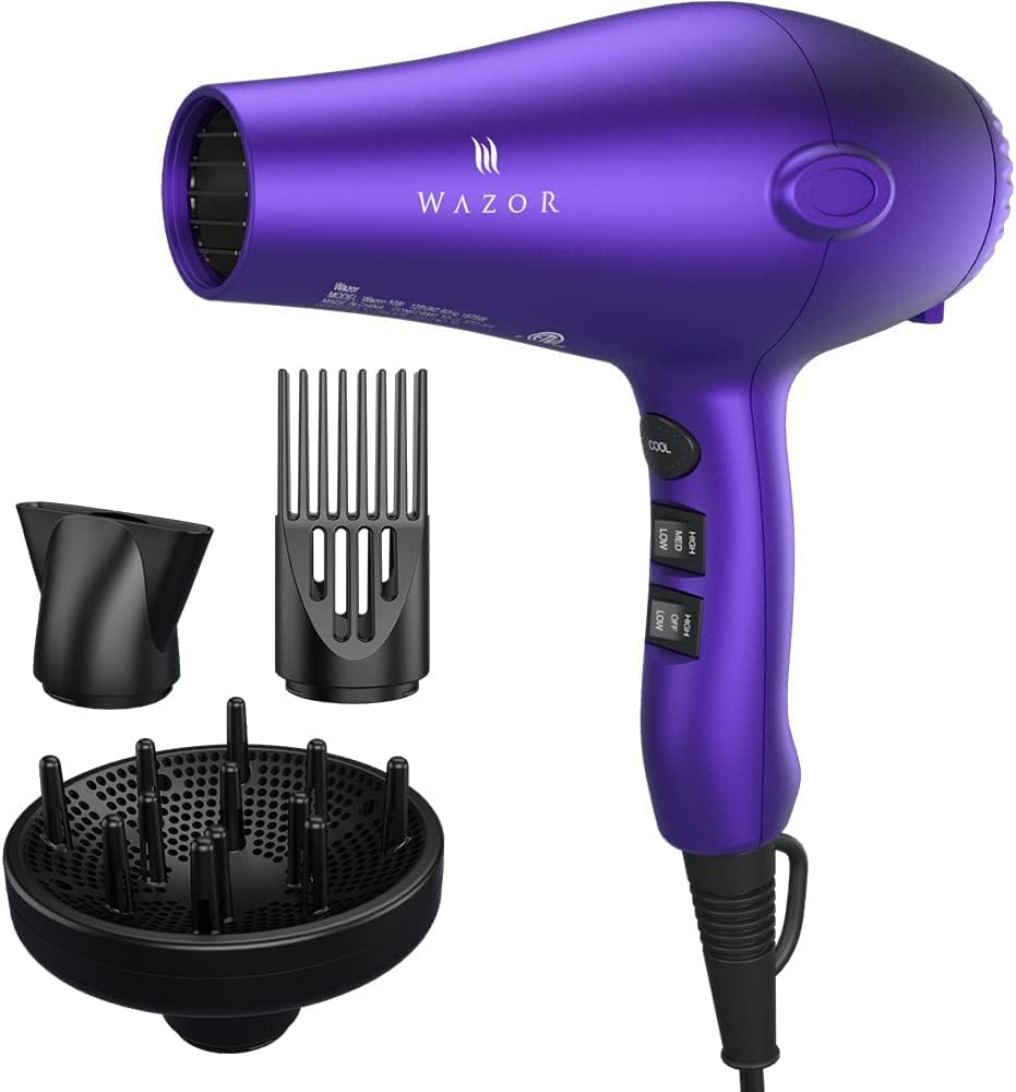 Wazor Lightweight Hair Dryer - 1875W Ionic Blow Dryer with Diffuser | 2 Speed, 3 Heat Settings, Purple