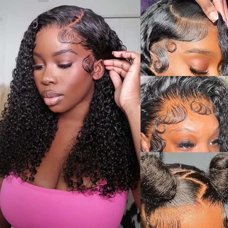 Short Bob Wig Human Hair 13x6 Frontal Lace Wig 200% Density HD Lace Front Wigs Human Hair Pre Plucked Bob Wigs for Women Curly Human Hair Wig Natural Black 18 Inch