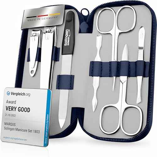 Manicure Set Solingen Made in Germany - 7 Piece Exclusive Finger & Toe Nail Clippers Kit for Women and Men in Real Leather Case, Color Blue